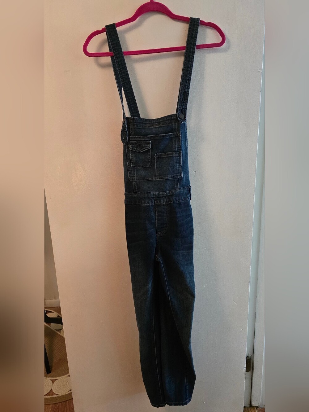 Free People Dark Blue Denim Overalls with Contrast Stitching